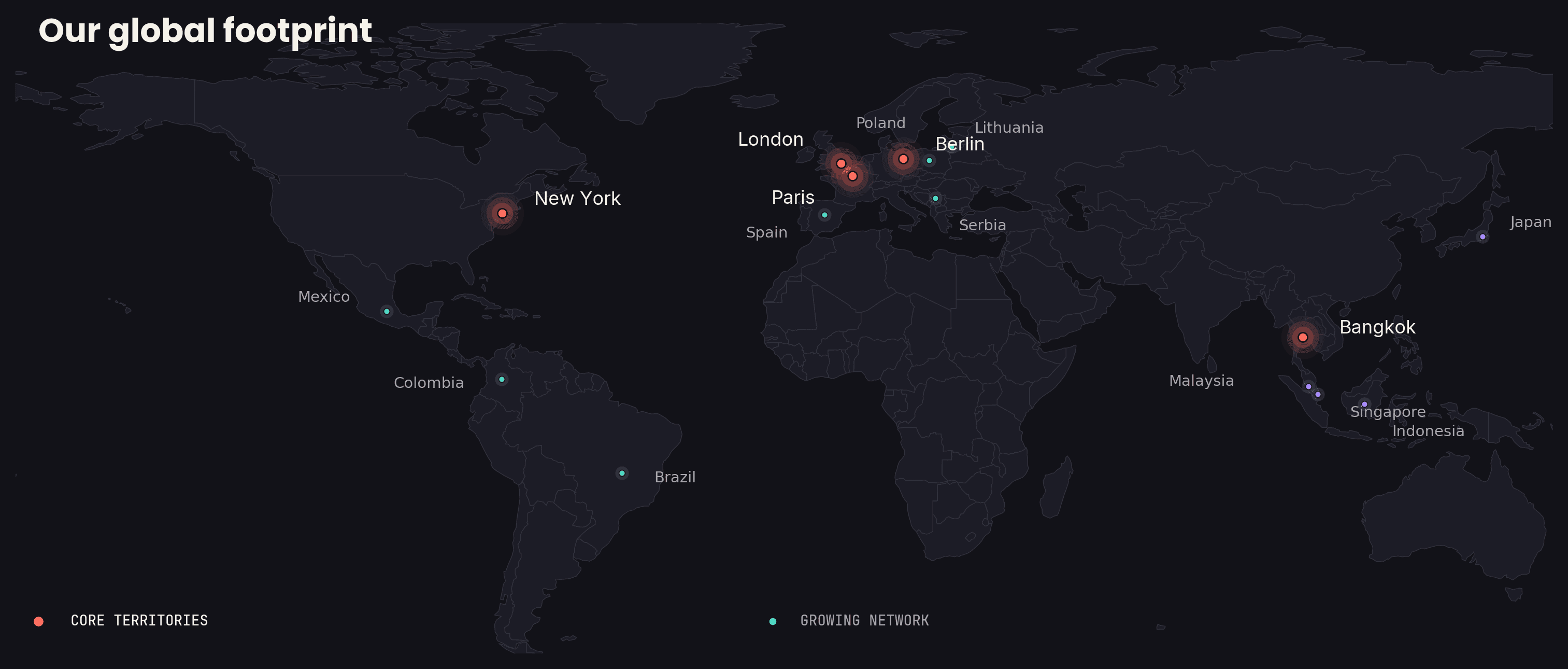 Map of LB Global Media's international footprint across Europe, Asia, Latin America and North America, with core territories in London, Paris, Berlin, New York and Bangkok